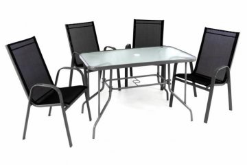 Zahradní set - 4 stohovatelné židle a skleněný stůl - černá Zahradní set - 4 stohovatelné židle a skleněný stůl - černá